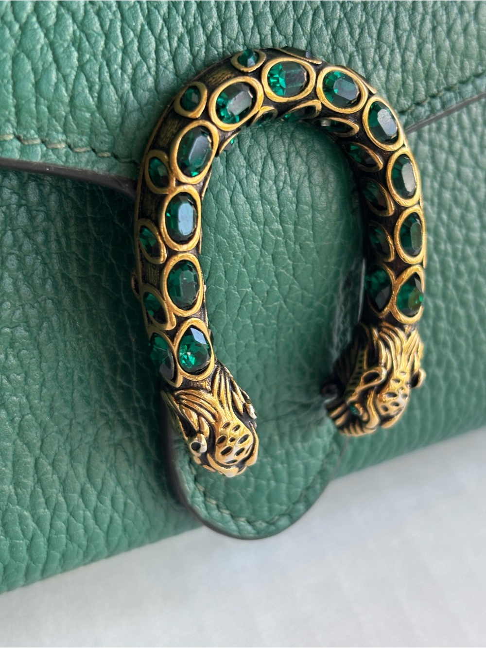 Gucci Dionysus Wallet on Chain Emerald Green Pebbled Leather Crystals Authentic - Picture 5 of 11
